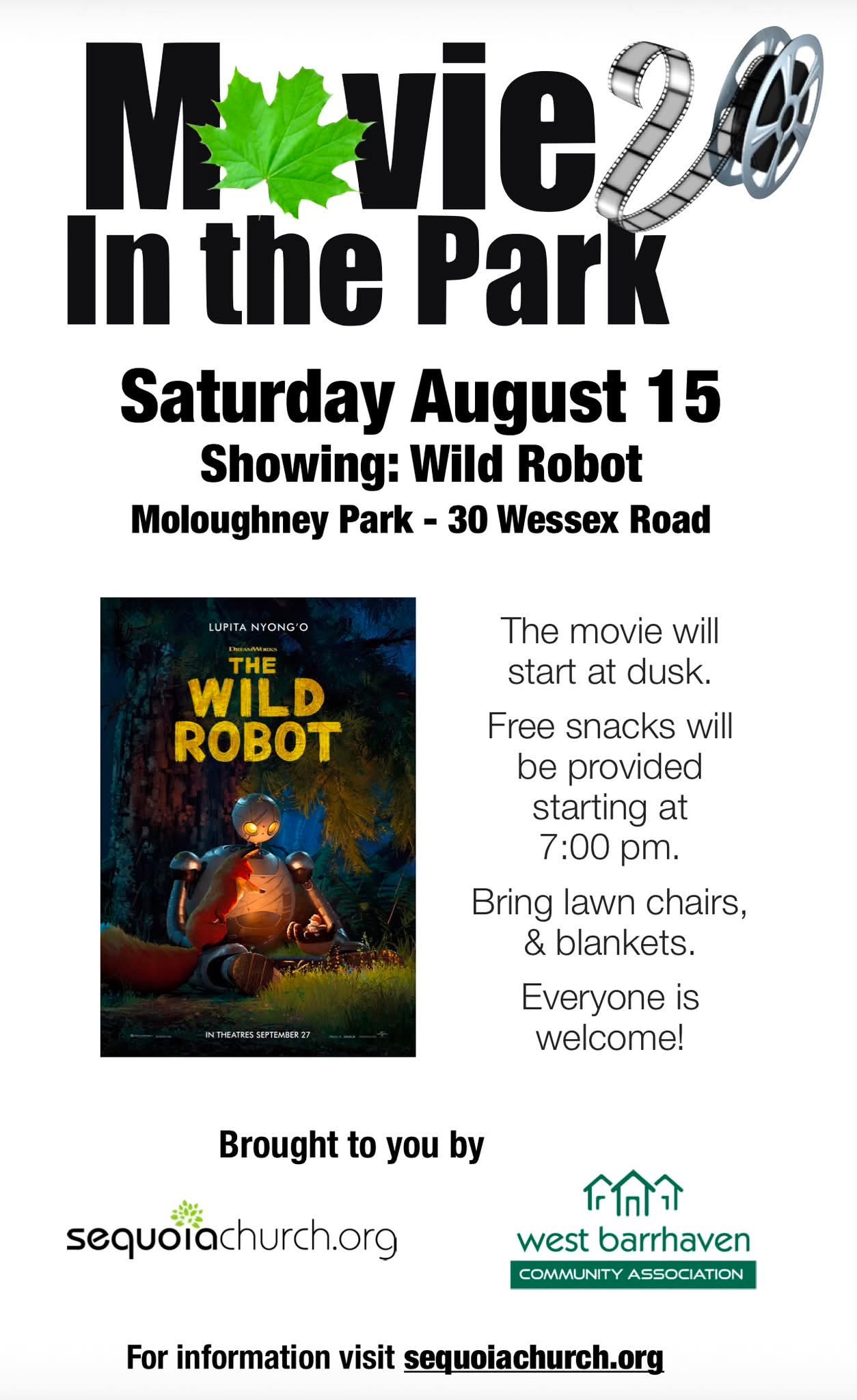 Movie in the Park poster for The Wild Robot at Mologhney Park on August 15, 2026