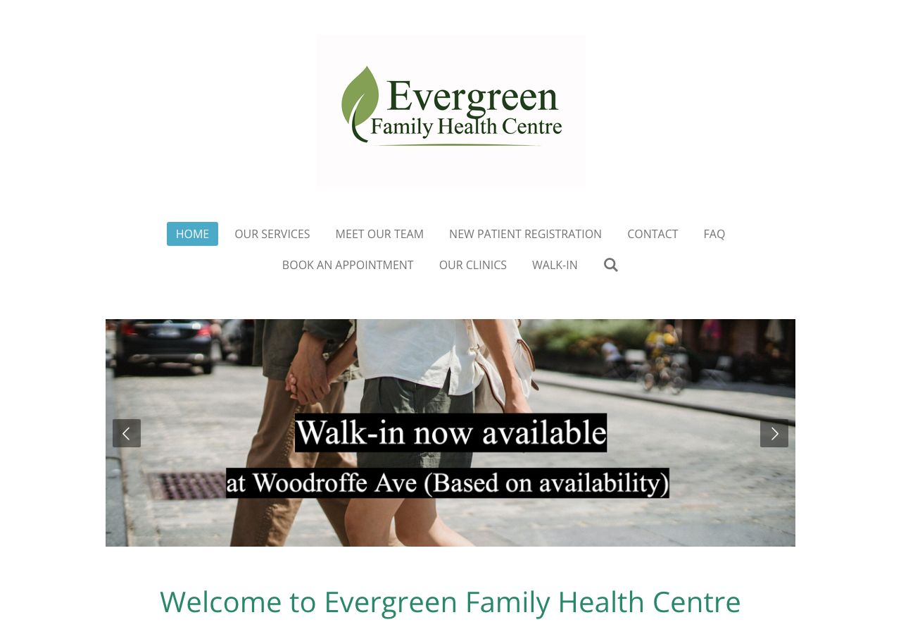 Screenshot of the Evergreen Family Health Centre homepage.