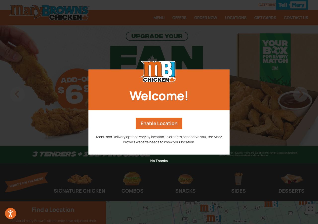Homepage of Mary Brown’s Chicken & Taters