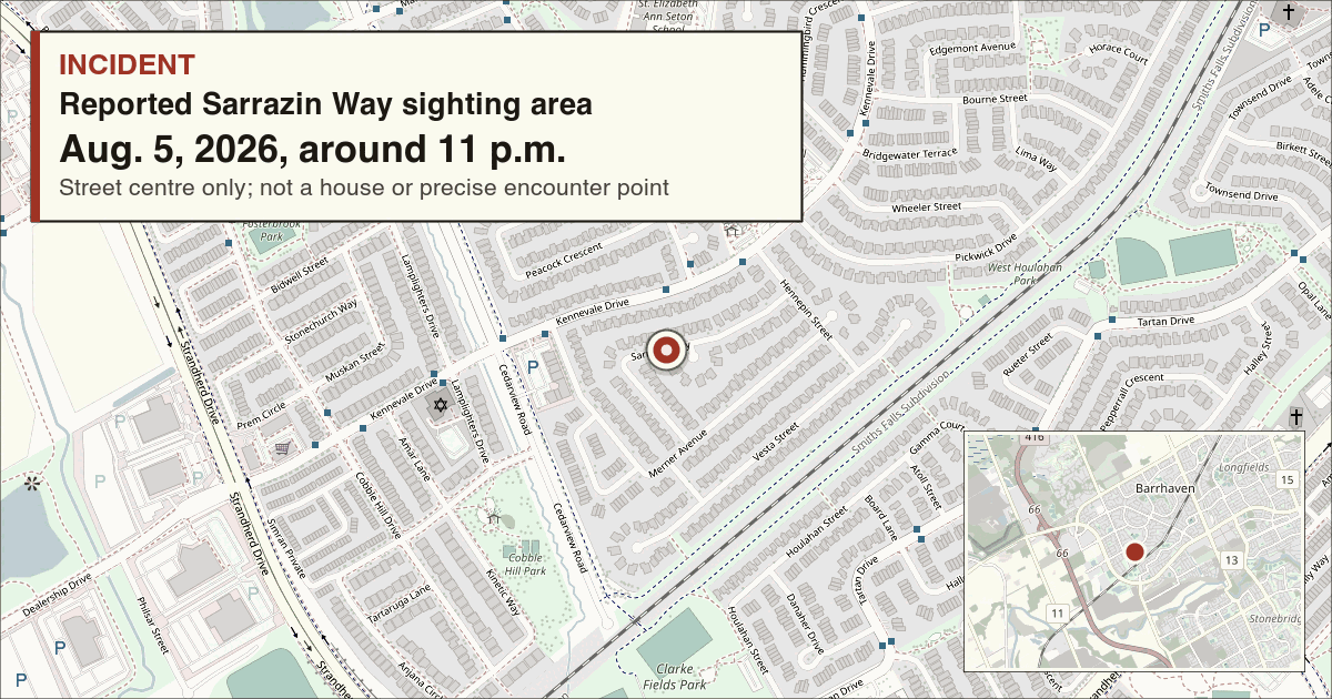 Marked map of the reported Sarrazin Way coyote sighting area. The pin marks the street centre, not a house or the precise encounter point.