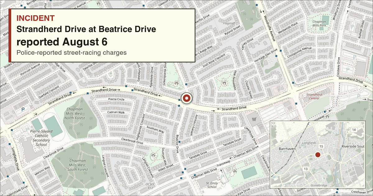 Map showing Strandherd Drive at Beatrice Drive in Ottawa
