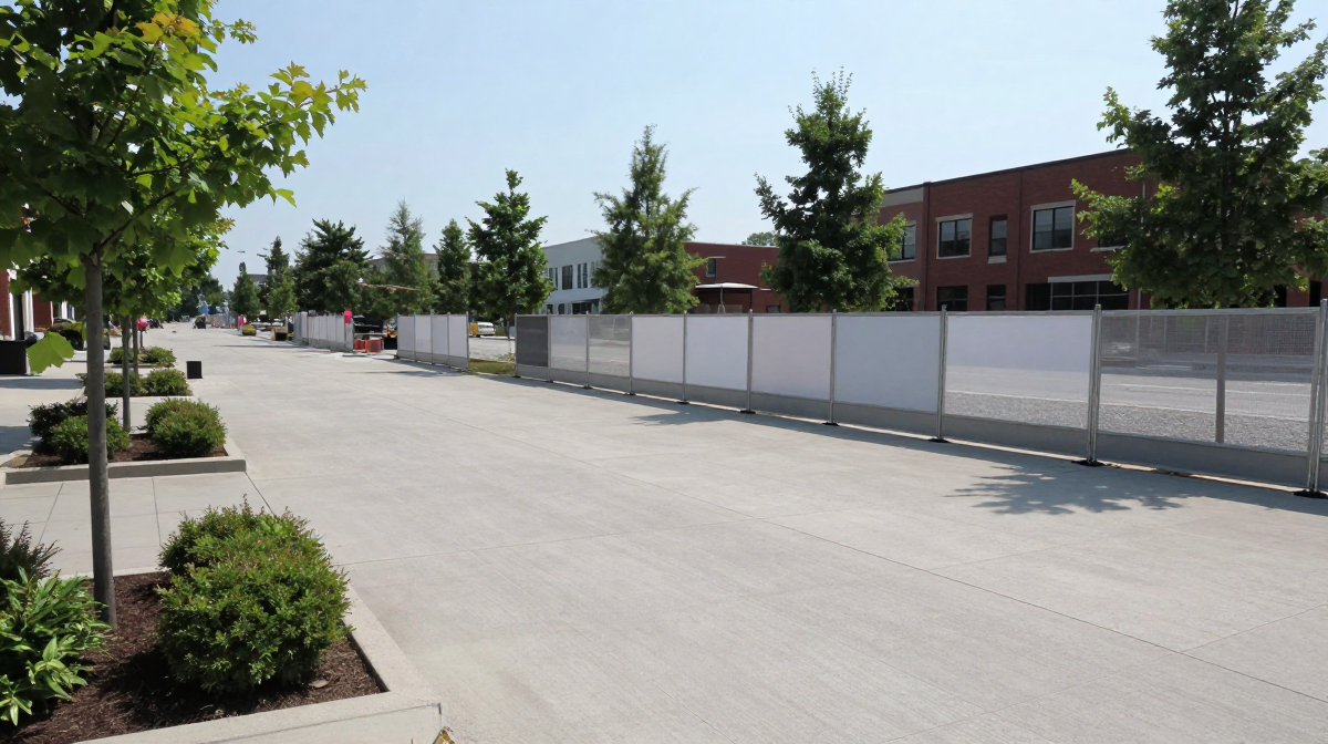 An empty paved plaza lined with young trees and construction hoarding panels, with brick and modern buildings in the background under a clear sky.