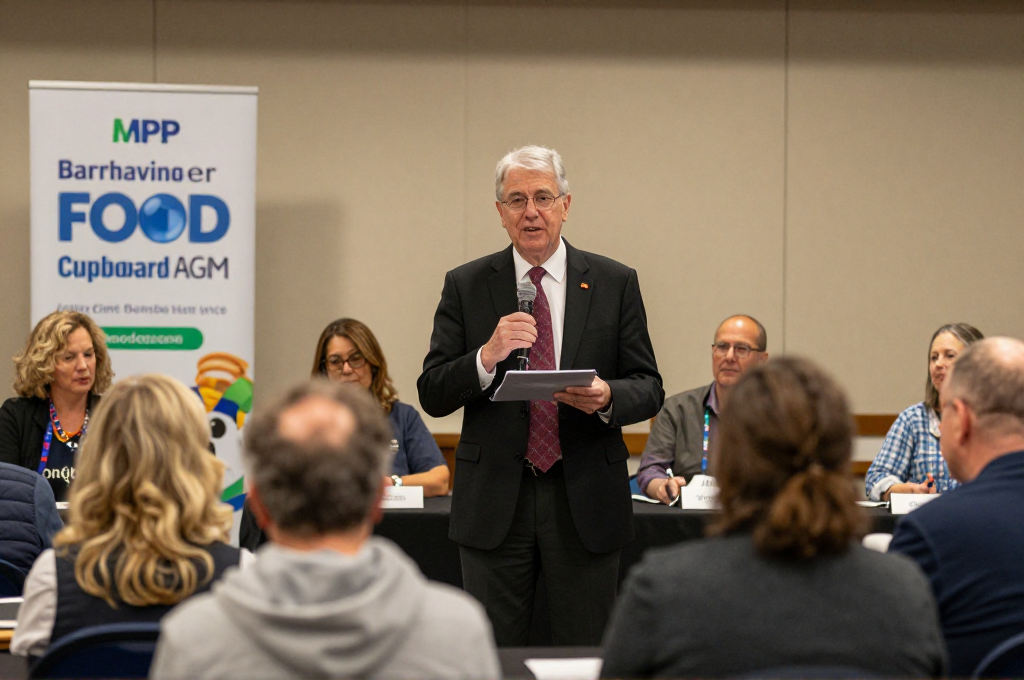 A man in a suit speaks at a podium or lectern before a seated audience in a meeting room; a banner reading 'MPP Barrhaven Food Cupboard AGM' is prominently displayed in the background.