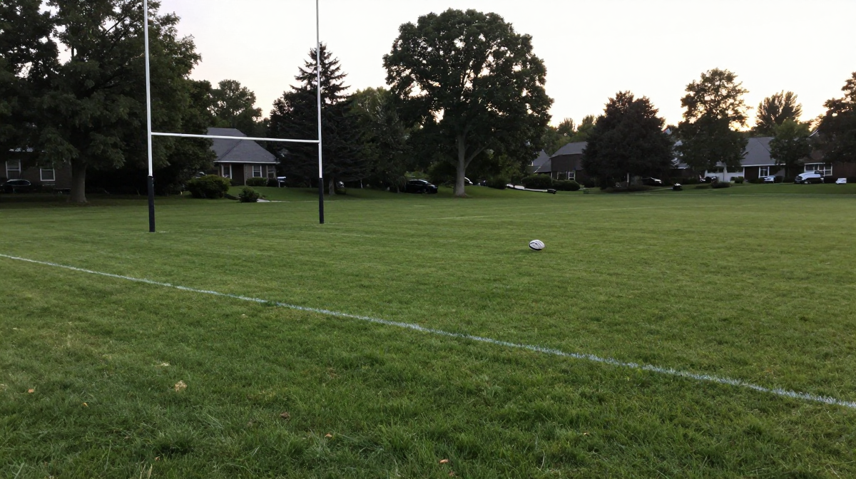 An empty grass rugby pitch at dusk with white goal posts on the left and a rugby ball resting on the field, houses and parked cars visible in the background.