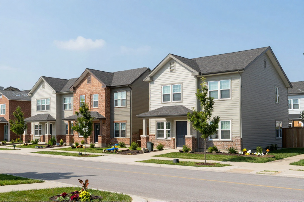 A row of newly constructed two-storey townhomes and semi-detached houses with brick and siding exteriors lining a quiet residential street on a sunny day.