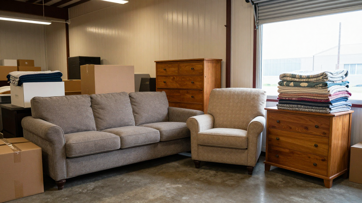 A gray sofa, a beige patterned armchair, and two wooden dressers with a stack of folded blankets sit among cardboard moving boxes in a warehouse-style storage space.