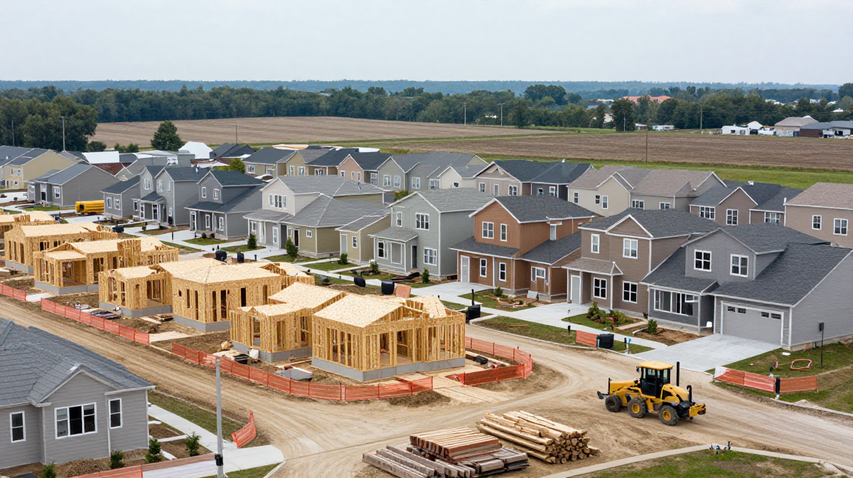 Aerial view of a suburban subdivision under construction, with rows of finished houses beside newly framed wooden house structures, a front loader and lumber piles on a dirt road, and open farmland in the background.