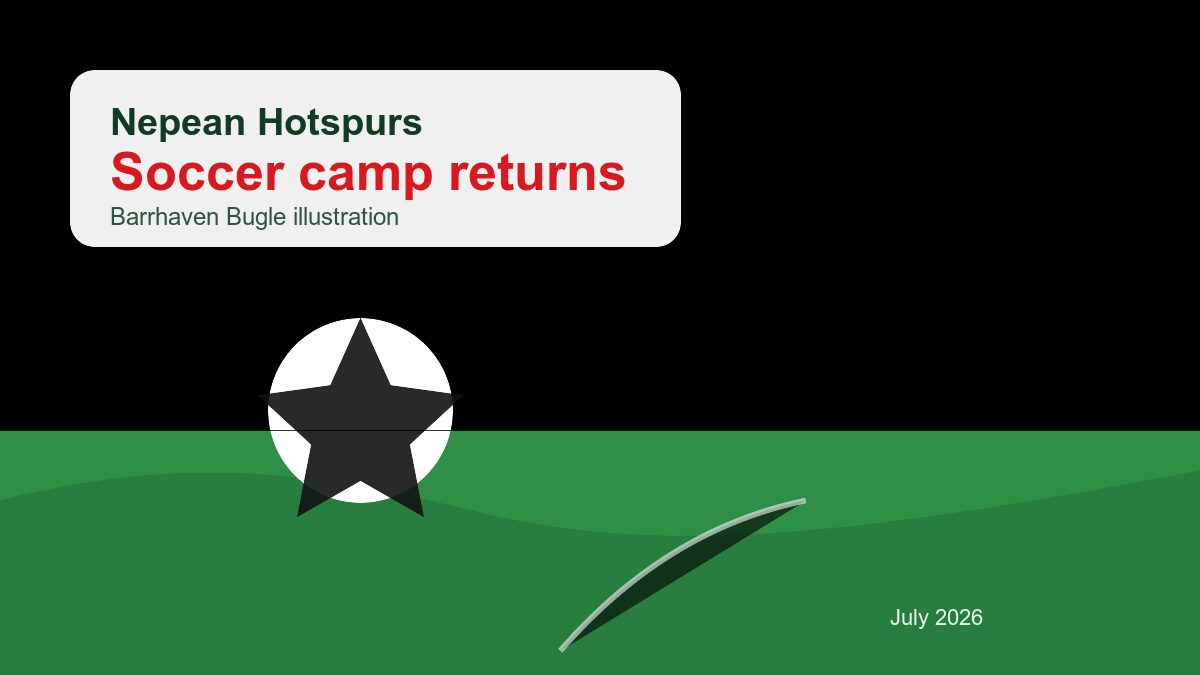 Illustration of a soccer ball on a green field beside a goal, with a simple Nepean Hotspurs soccer-camp title card.