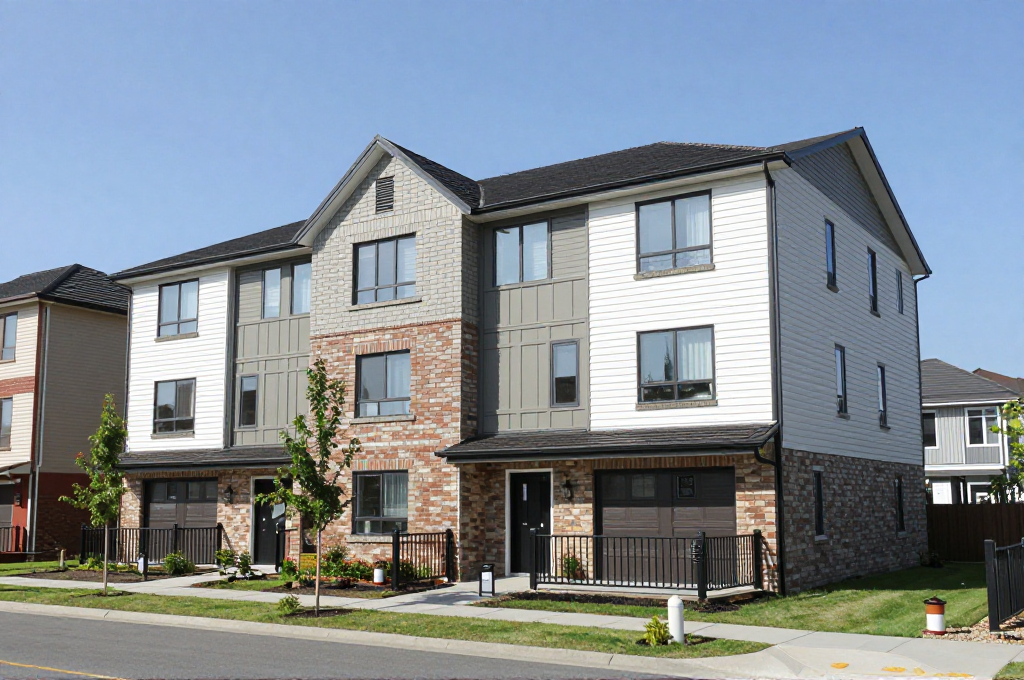 Exterior view of a three-storey residential building with grey siding and stone accents on a sunny day, with a newly landscaped street in the foreground.