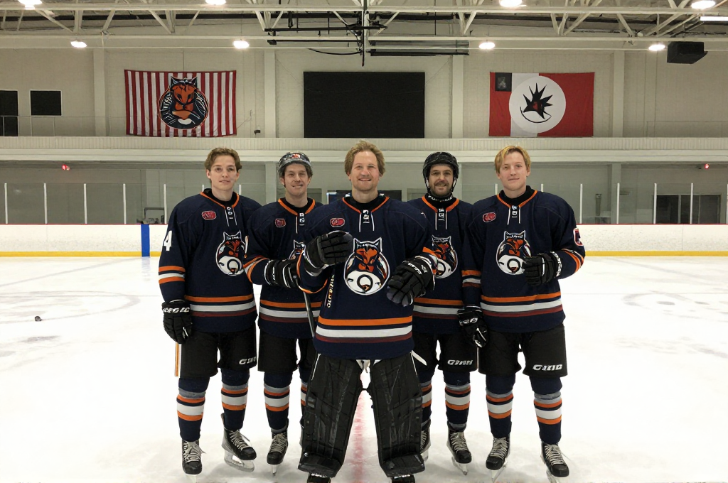 Five people in navy Nepean Ravens jerseys pose together on the ice at an indoor arena, with team banners visible on the arena wall behind them.