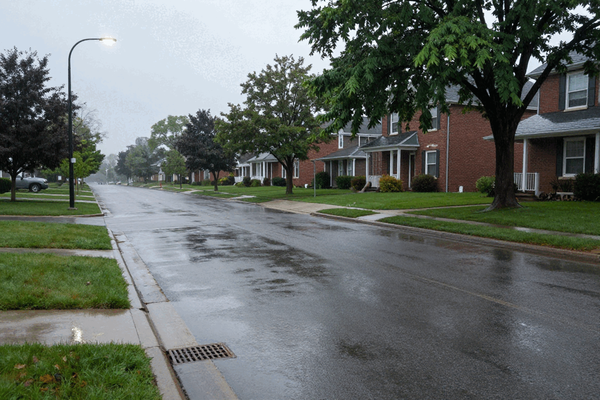 An empty suburban residential street after heavy rain, with wide puddles across the wet asphalt, water running along the curb into a storm drain grate, soaked green lawns and trees, brick houses, and a low grey overcast sky.
