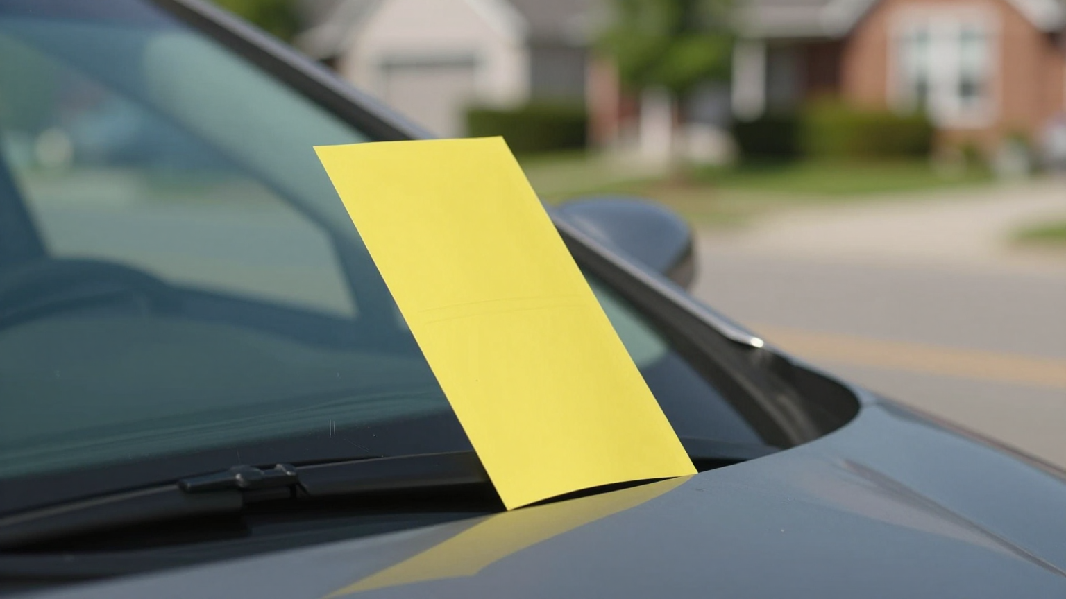 A plain yellow parking ticket beneath a windshield wiper on a parked car.