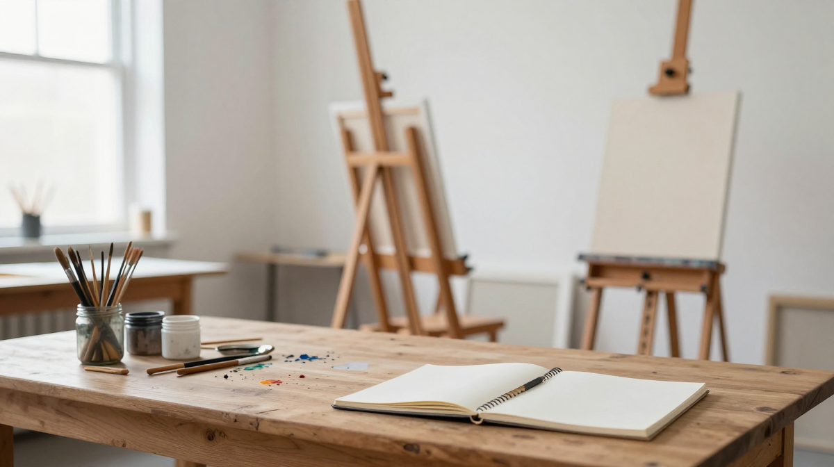 A wooden table in a sunlit art studio holds an open blank sketchbook, jars of paintbrushes, and small paint containers, with two blank canvases on easels in the background.