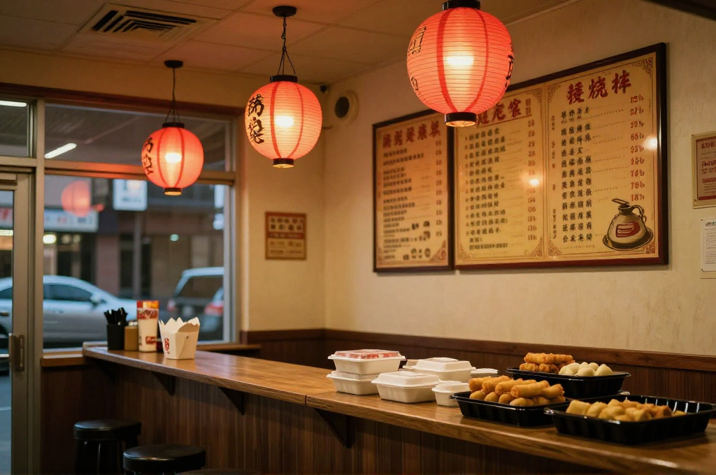 Interior of a Chinese takeout restaurant with a wooden service counter displaying dishes, two red paper lanterns hanging from the ceiling, and bilingual (Chinese and English) menu boards mounted on the wall.