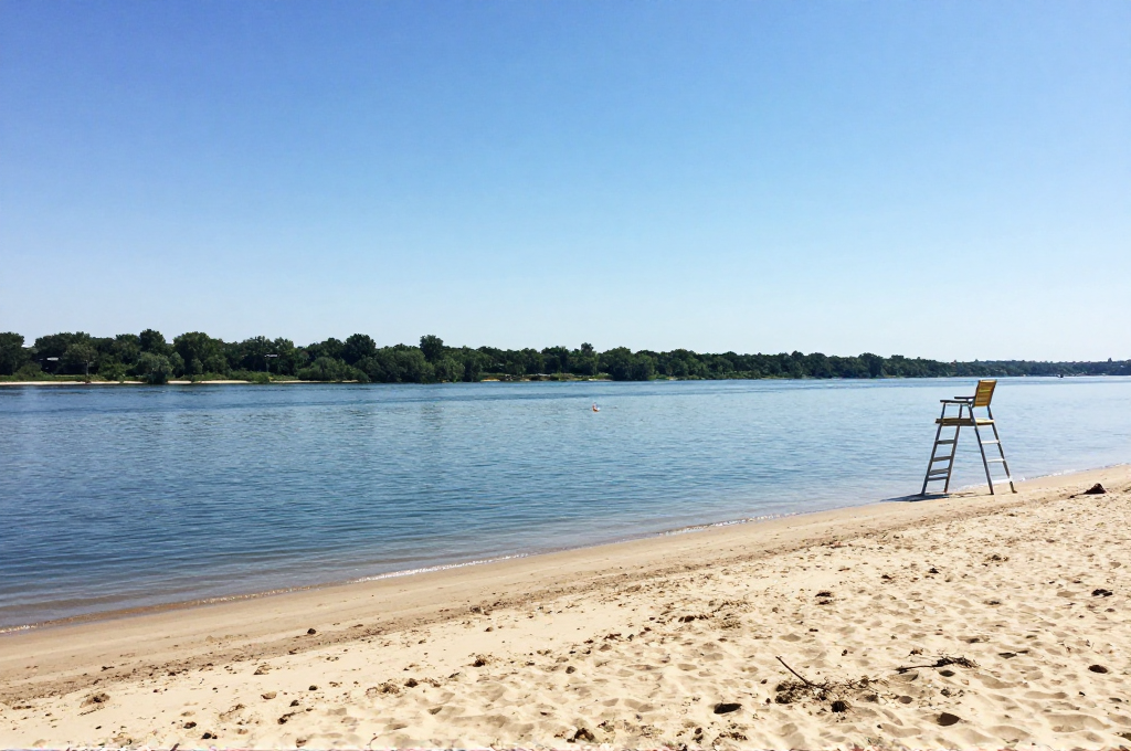 A sandy river beach with a lifeguard chair on a clear summer day.