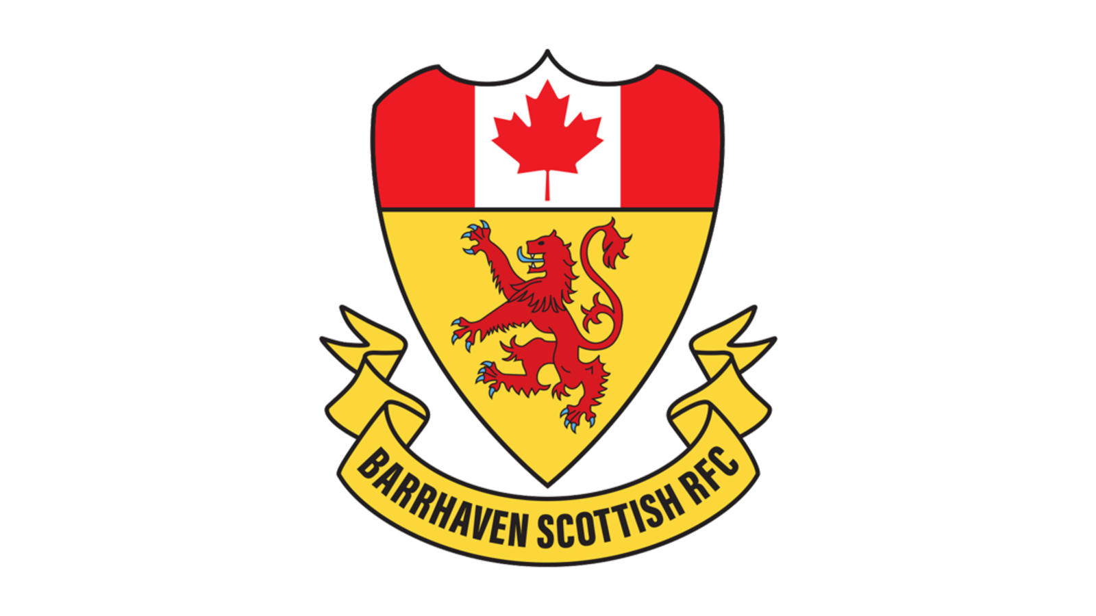 The Barrhaven Scottish RFC crest: a red rampant lion on a gold shield beneath a Canadian flag, above a banner reading Barrhaven Scottish RFC.
